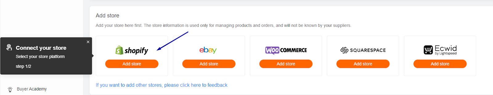 choose Add store - Shopify store